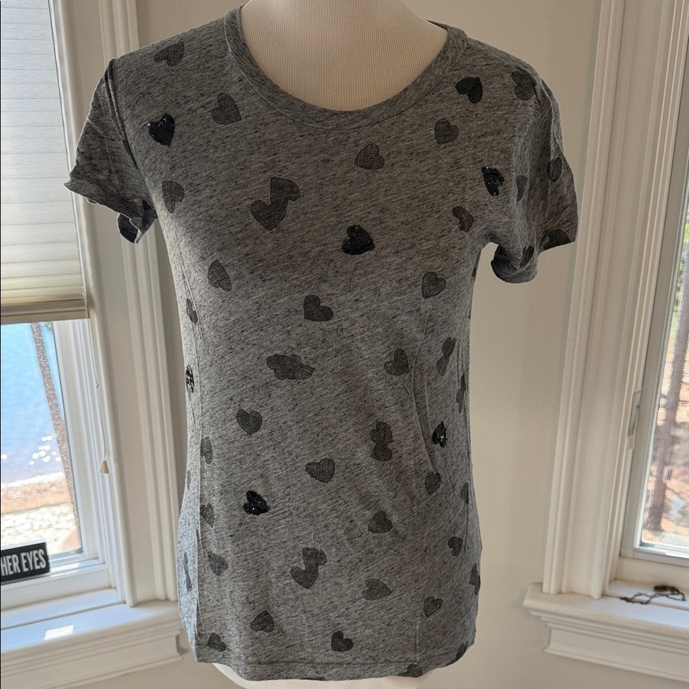 J. Crew Gray & Black Sequin & Print Heart Tee, Cotton/ Modal, Small, Like new